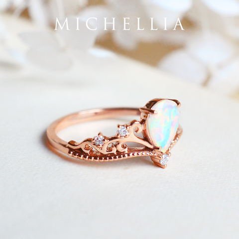 [Veronica] Vintage Crown Pear Engagement Ring in Opal Women's Ring michelliafinejewelry   
