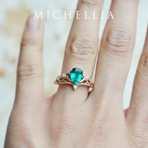 [Veronica] Vintage Crown Pear Engagement  Ring in Emerald Women's Ring michelliafinejewelry   
