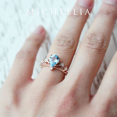 [Veronica] Vintage Crown Pear Engagement Ring in Aquamarine Women's Ring michelliafinejewelry   