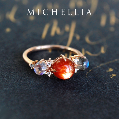 [Celestine] Interstellar Three Stone Ring in Sunstone, Moonstone, and Labradorite Women's Ring michelliafinejewelry