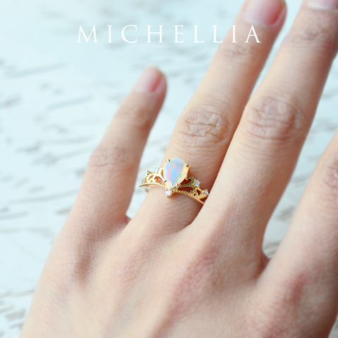 [Veronica] Vintage Crown Pear Engagement Ring in Opal Women's Ring michelliafinejewelry   