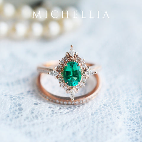 [Alessandra] Art Deco Oval Cut Ring in Lab Emerald Women's Ring michelliafinejewelry   