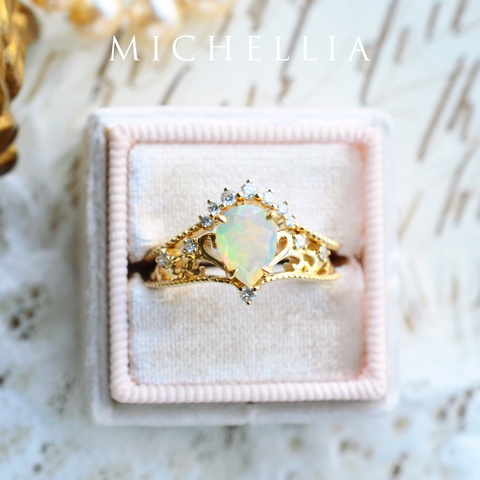 [Veronica] Vintage Crown Pear Engagement Ring in Opal Women's Ring michelliafinejewelry   