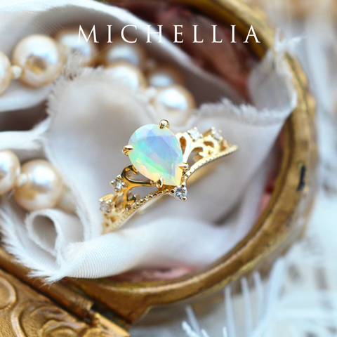 [Veronica] Vintage Crown Pear Engagement Ring in Opal Women's Ring michelliafinejewelry   