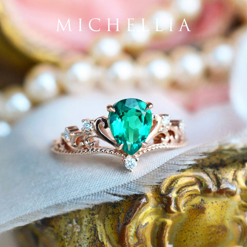 [Veronica] Vintage Crown Pear Engagement  Ring in Emerald Women's Ring michelliafinejewelry   