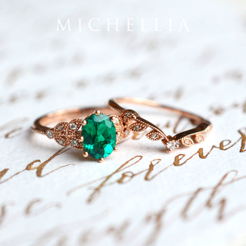 [Olivia] Classic Floral Oval Engagement Ring in Lab Emerald Women's Ring michelliafinejewelry   