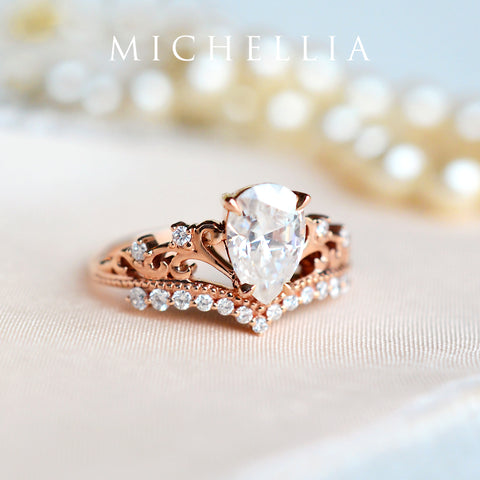 [Francesca] Heirloom Crown Pear Cut Engagement Ring in Diamond / Moissanite Women's Ring michelliafinejewelry   