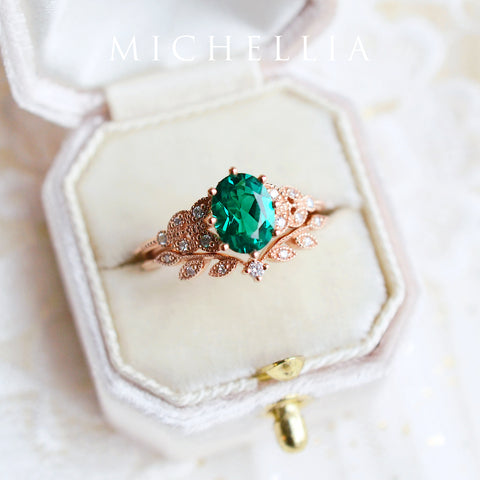 [Olivia] Classic Floral Oval Engagement Ring in Lab Emerald Women's Ring michelliafinejewelry   