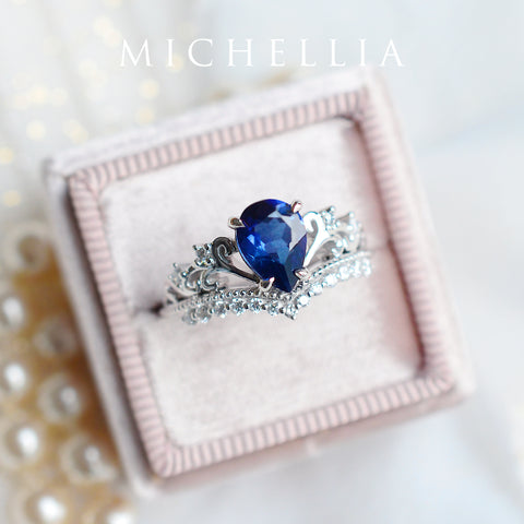 [Francesca] Heirloom Crown Pear Engagement Ring in Blue Sapphire Women's Ring michelliafinejewelry   