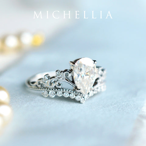 [Francesca] Heirloom Crown Pear Cut Engagement Ring in Diamond / Moissanite Women's Ring michelliafinejewelry   