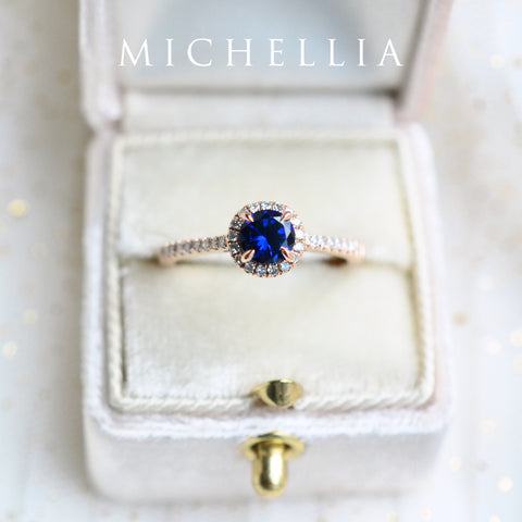 [Nova] Petite Halo Diamond Ring in Lab Blue Sapphire Women's Ring michelliafinejewelry   