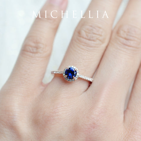 [Nova] Petite Halo Diamond Ring in Lab Blue Sapphire Women's Ring michelliafinejewelry   