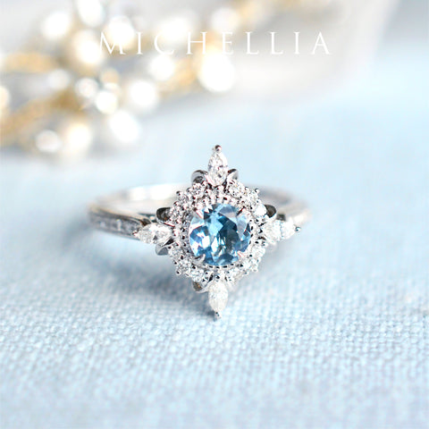 [Astrid] Art Deco Petite Engagement Ring in Aquamarine Women's Ring michelliafinejewelry   