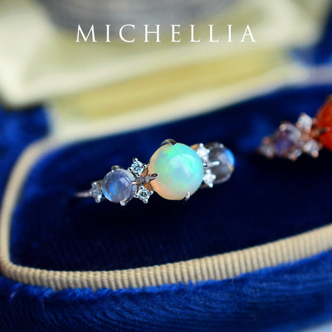 [Celestine] Interstellar Three Stone Ring in Australian Opal, Moonstone, and Labradorite Women's Ring michelliafinejewelry