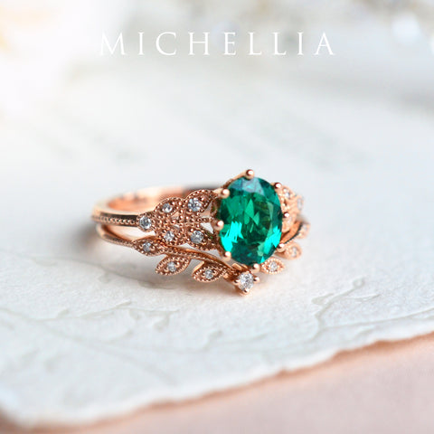 [Olivia] Classic Floral Oval Engagement Ring in Lab Emerald Women's Ring michelliafinejewelry   