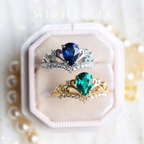 [Francesca] Heirloom Crown Pear Engagement Ring in Emerald Women's Ring michelliafinejewelry   