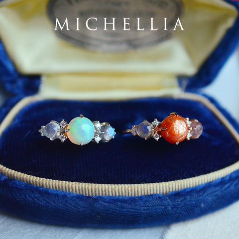 [Celestine] Interstellar Three Stone Ring in Australian Opal, Moonstone, and Labradorite Women's Ring michelliafinejewelry