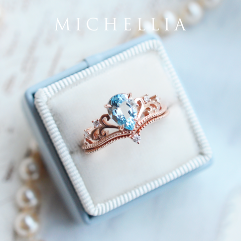 [Veronica] Vintage Crown Pear Engagement Ring in Aquamarine Women's Ring michelliafinejewelry   