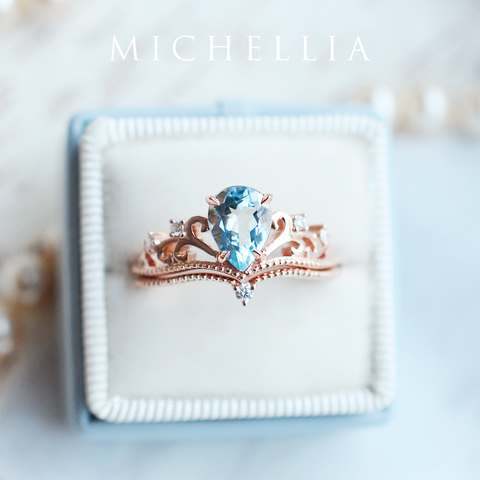 [Veronica] Vintage Crown Pear Engagement Ring in Aquamarine Women's Ring michelliafinejewelry   