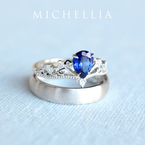[Veronica] Vintage Crown Pear Cut Ring in Lab Blue Sapphire Women's Ring michelliafinejewelry   