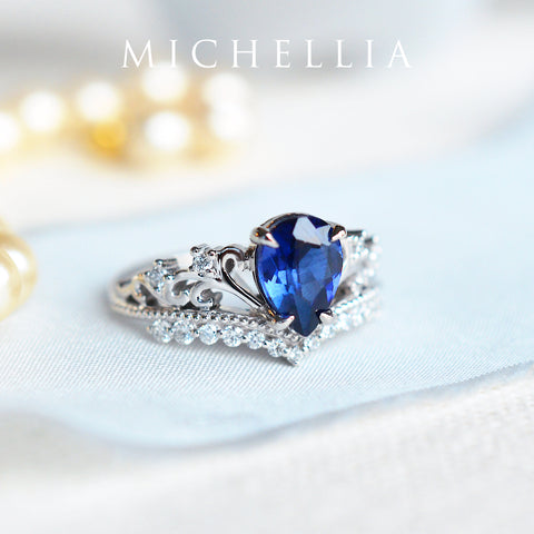 [Francesca] Heirloom Crown Pear Engagement Ring in Blue Sapphire Women's Ring michelliafinejewelry   