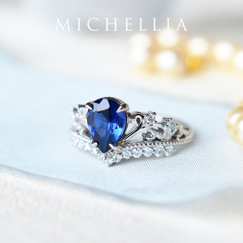 [Francesca] Heirloom Crown Pear Engagement Ring in Blue Sapphire Women's Ring michelliafinejewelry   