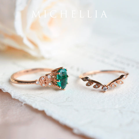 [Olivia] Classic Floral Oval Engagement Ring in Lab Emerald Women's Ring michelliafinejewelry   