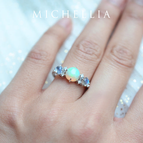[Celestine] Interstellar Three Stone Ring in Australian Opal, Moonstone, and Labradorite Women's Ring michelliafinejewelry