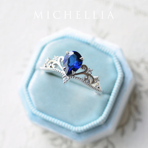 [Veronica] Vintage Crown Pear Cut Ring in Lab Blue Sapphire Women's Ring michelliafinejewelry   