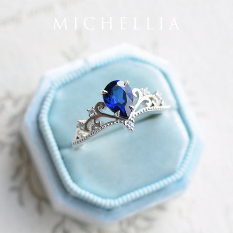 [Veronica] Vintage Crown Pear Cut Ring in Lab Blue Sapphire Women's Ring michelliafinejewelry   
