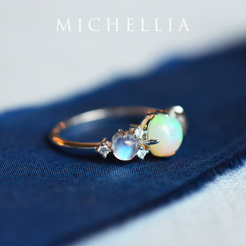 [Celestine] Interstellar Three Stone Ring in Australian Opal, Moonstone, and Labradorite Women's Ring michelliafinejewelry
