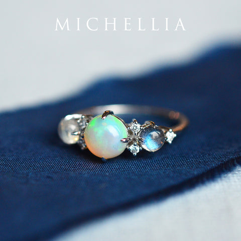 [Celestine] Interstellar Three Stone Ring in Australian Opal, Moonstone, and Labradorite Women's Ring michelliafinejewelry