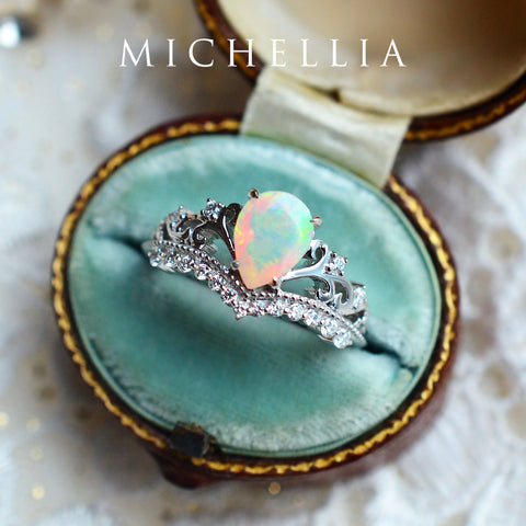 [Francesca] Heirloom Crown Pear Engagement Engagement Ring in Opal Women's Ring michelliafinejewelry   