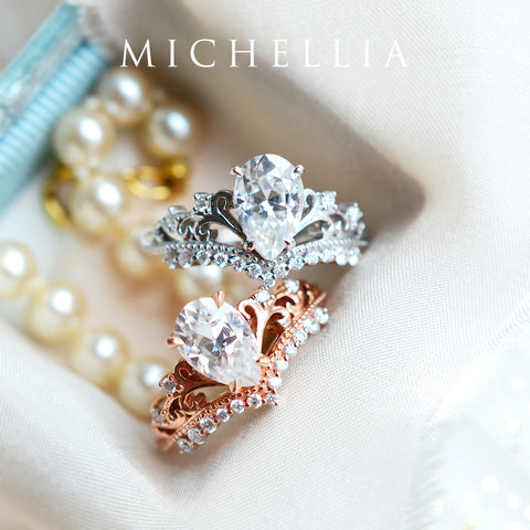 [Francesca] Heirloom Crown Pear Engagement Ring in Aquamarine Women's Ring michelliafinejewelry   