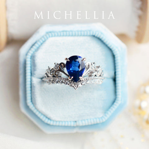 [Francesca] Heirloom Crown Pear Engagement Ring in Blue Sapphire Women's Ring michelliafinejewelry   