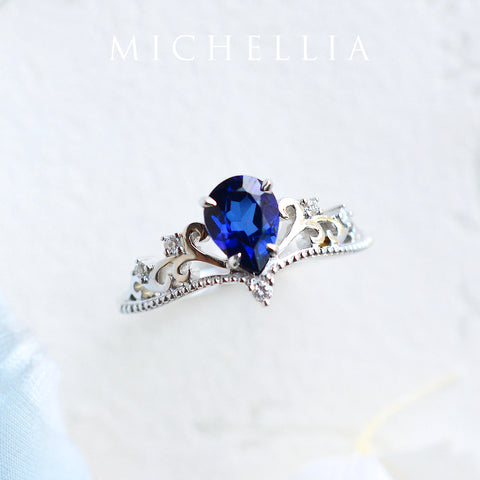 [Veronica] Vintage Crown Pear Cut Ring in Lab Blue Sapphire Women's Ring michelliafinejewelry   