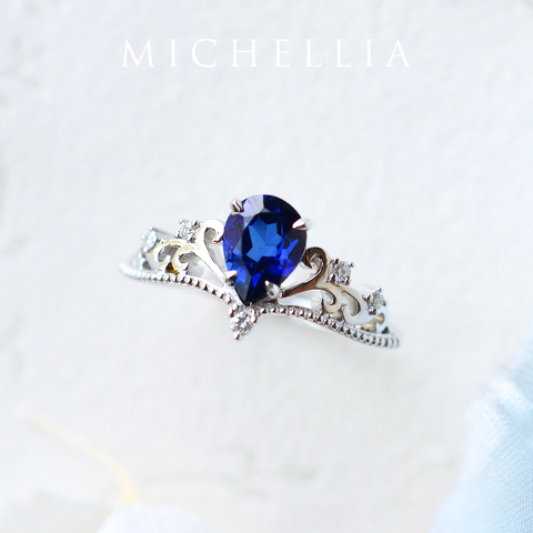 [Veronica] Vintage Crown Pear Cut Ring in Lab Blue Sapphire Women's Ring michelliafinejewelry   