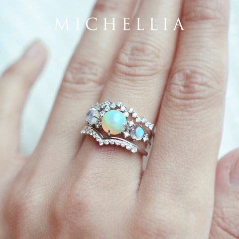 [Celestine] Interstellar Three Stone Ring in Australian Opal, Moonstone, and Labradorite Women's Ring michelliafinejewelry