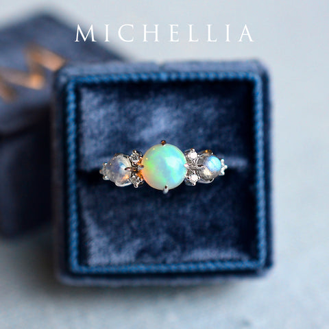 [Celestine] Interstellar Three Stone Ring in Australian Opal, Moonstone, and Labradorite Women's Ring michelliafinejewelry