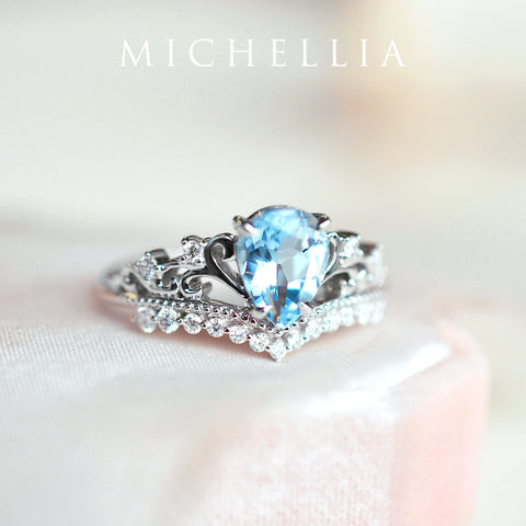 [Francesca] Heirloom Crown Pear Engagement Ring in Aquamarine Women's Ring michelliafinejewelry   