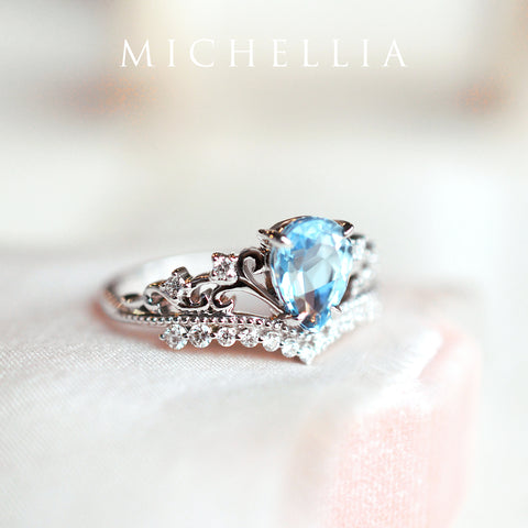 [Francesca] Heirloom Crown Pear Engagement Ring in Aquamarine Women's Ring michelliafinejewelry   