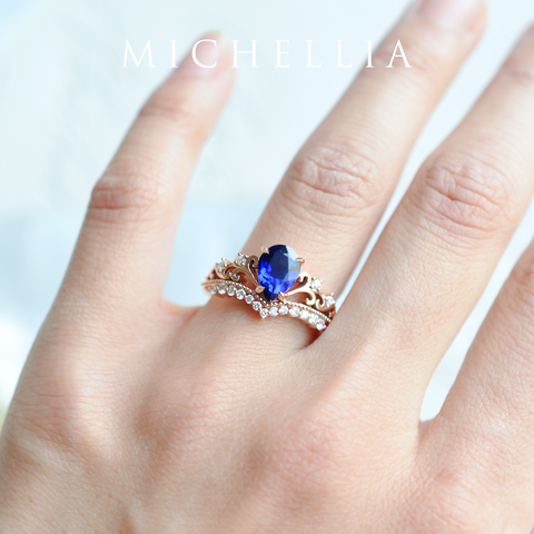 Francesca | Heirloom Crown Pear Cut Ring in Lab Blue Sapphire ...