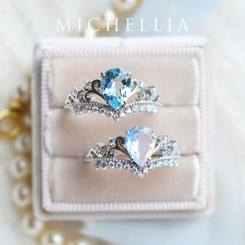 [Francesca] Heirloom Crown Pear Engagement Ring in Blue Sapphire Women's Ring michelliafinejewelry   