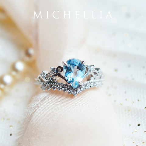 [Francesca] Heirloom Crown Pear Engagement Ring in Aquamarine Women's Ring michelliafinejewelry   