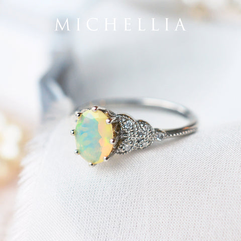 [Olivia] Classic Floral Oval Engagement Ring in Natural Australian Opal Women's Ring michelliafinejewelry