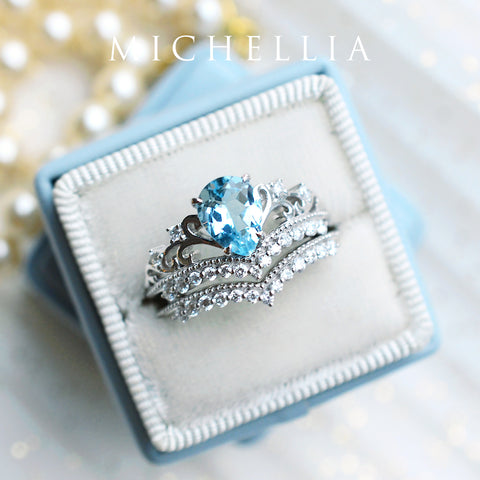 [Francesca] Heirloom Crown Pear Engagement Ring in Aquamarine Women's Ring michelliafinejewelry   