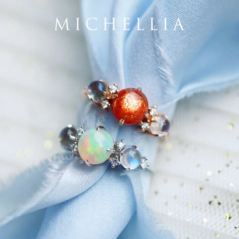 Celestine | Galaxy Trio Ring in Opal, Moonstone, and Labradorite