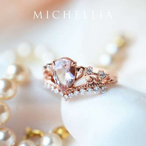 [Francesca] Heirloom Crown Pear Engagement Ring in Morganite Women's Ring michelliafinejewelry   