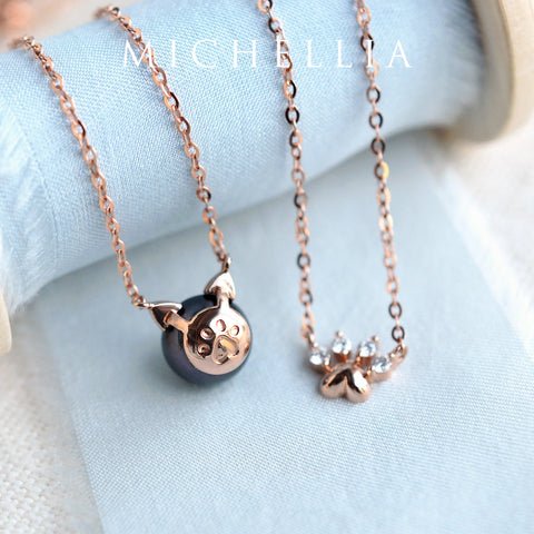 [Magic] Black Pearl and Diamond Cat Necklace Necklace michelliafinejewelry   