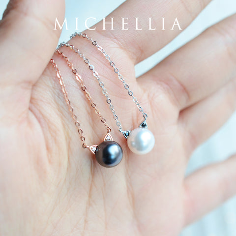 [Snow] White Pearl and Diamond Cat Necklace Necklace michelliafinejewelry   